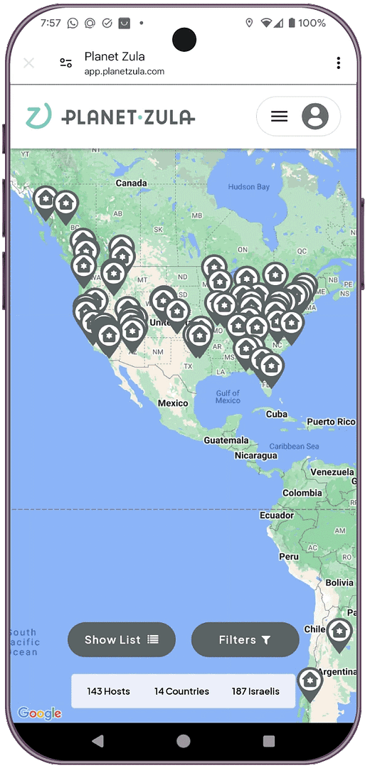 Planet Zula app map shows the location of hosts around the world